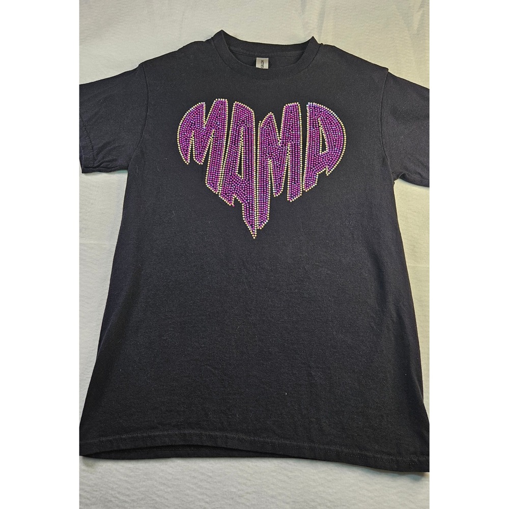 Gildan Heavy Cotton Black MAMA Rhinestone Heart Graphic T-Shirt Womens Small